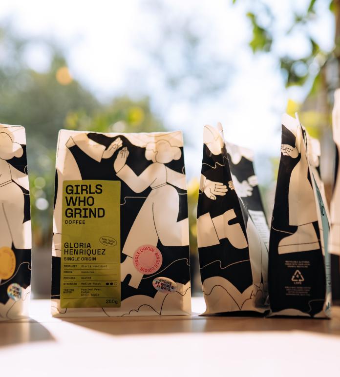 Bags of coffee lined up