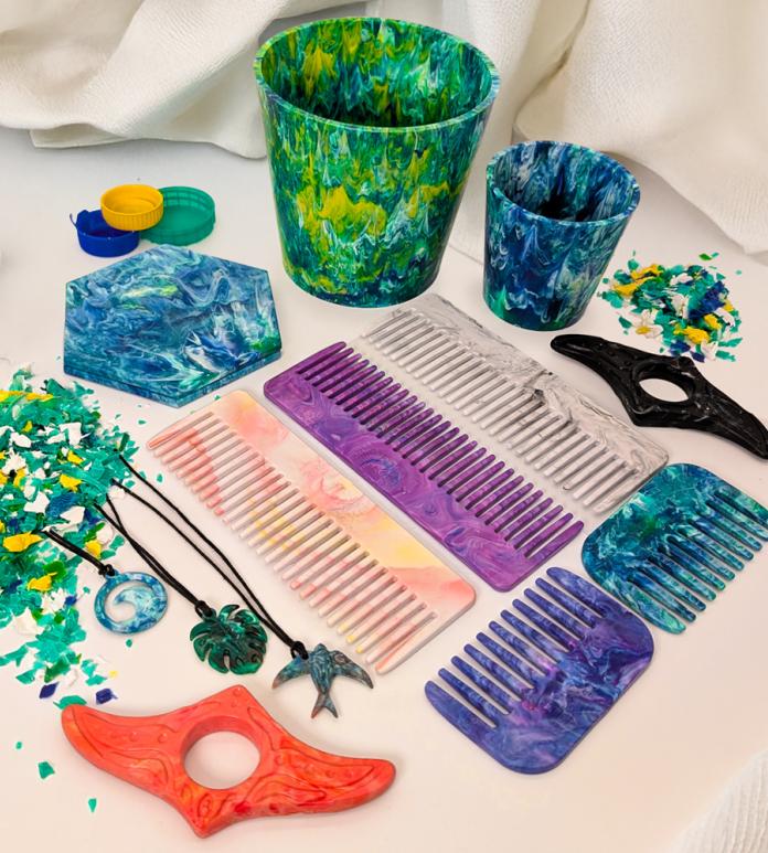 A collection of recycled plastic products.