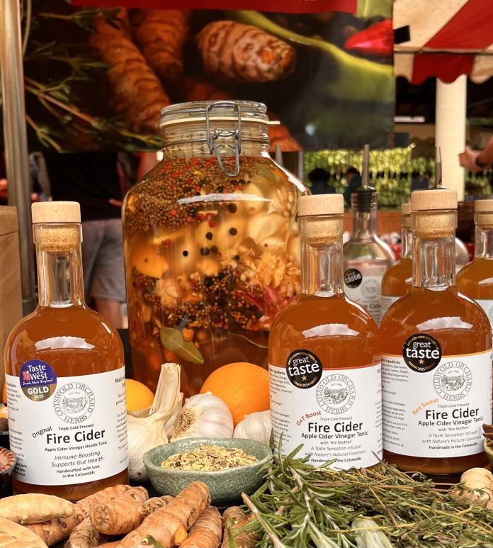 Selection of fire cider vinegar bottles