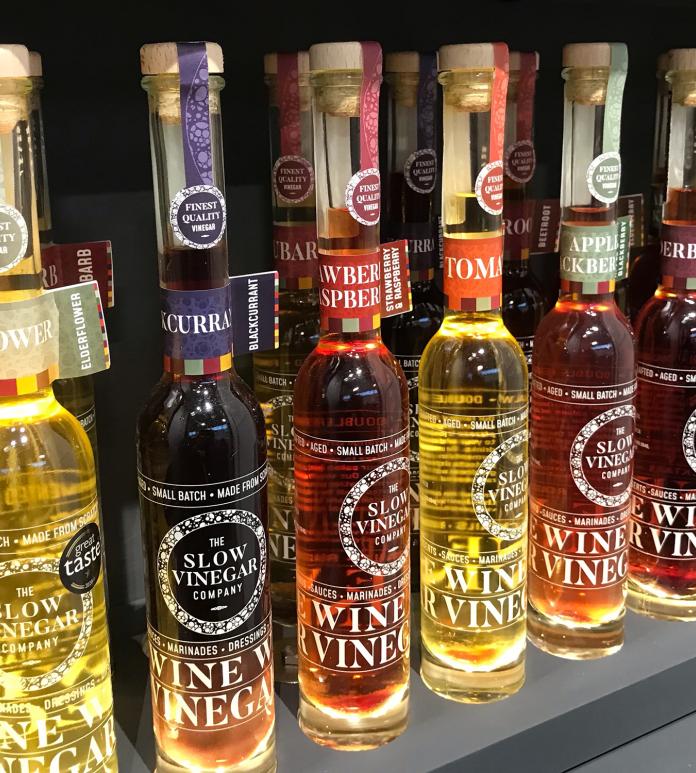 Bottles of vinegar on a shelf