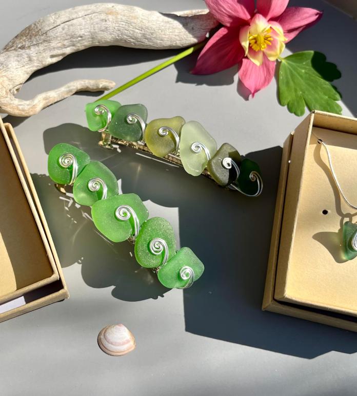 Green sea glass jewellery display