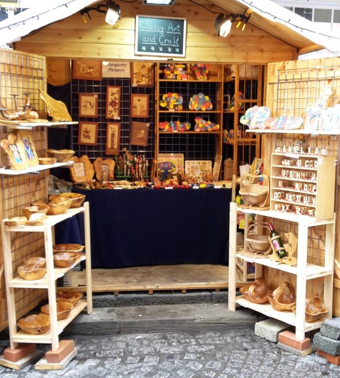Christmas market chalet with wooden toys