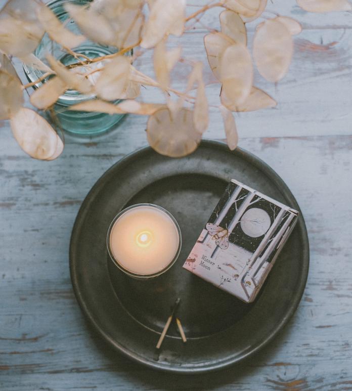 lit candle on a plate