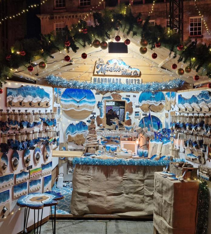 christmas market chalet with wooden decorations