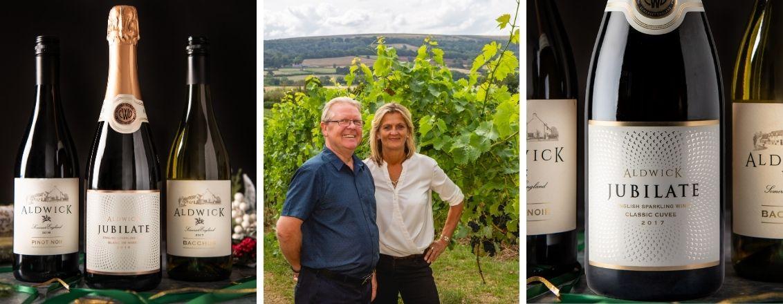 Left and right images show three bottles of wine. The middle image shows a smiling couple in a vineyard. 