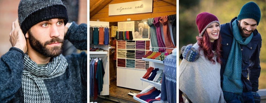 Left image shows a man wearing a scarf. Middle image the inside of a cabin with woollen products on display. The right image shows a couple walking along both wearing scarfs.  