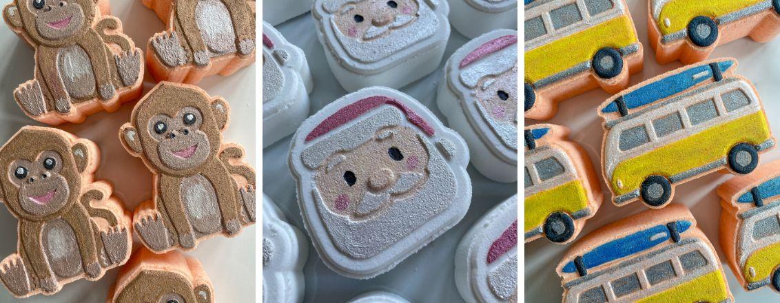 Left: Monkey Bath Bomb, Centre: Santa Bath Bomb, Right: Campervan Bath Bomb