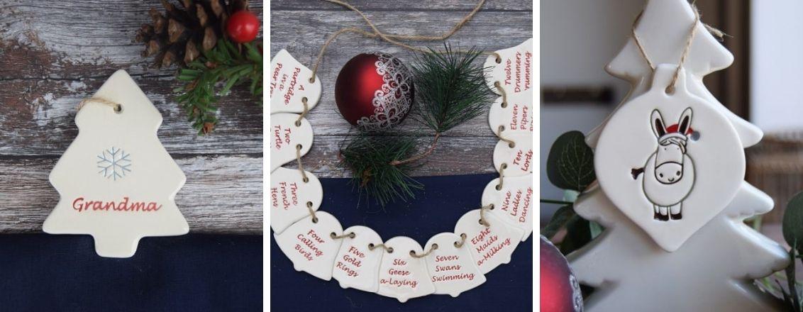 Festive hanging Christmas tree made of white ceramic.