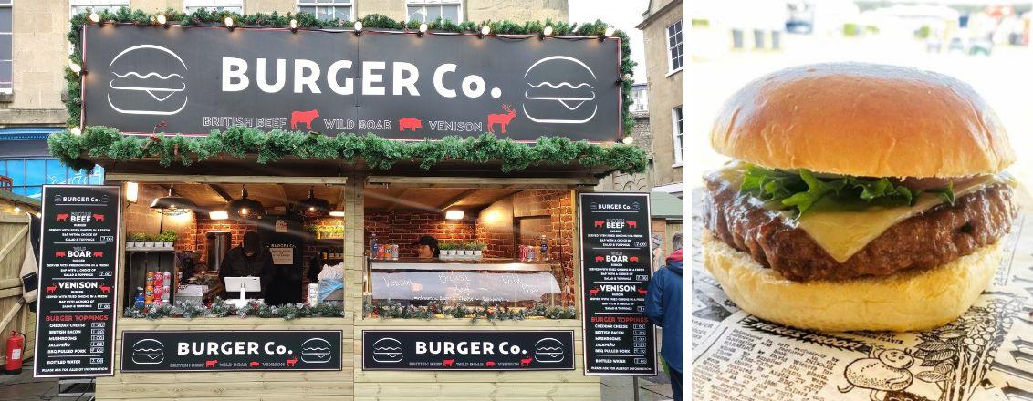 Left: BurgerCo stall at Bath Christmas Market. Right: A beef burger with cheese