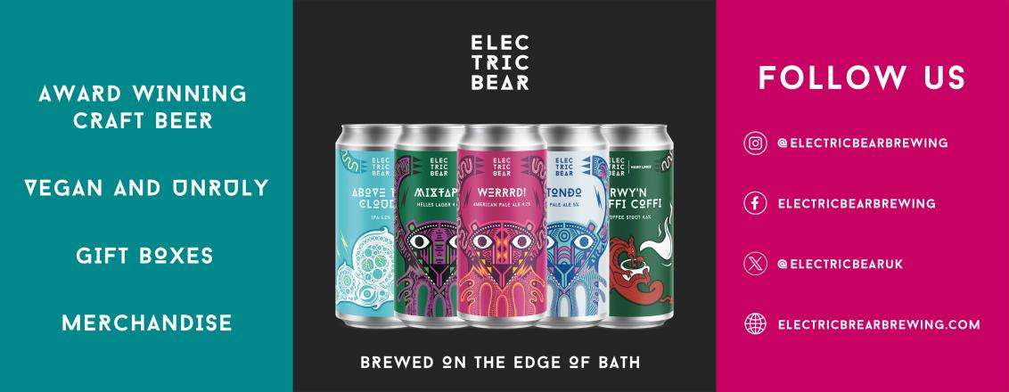 five electric bear branded beer cans