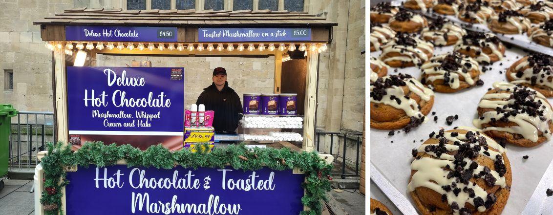 Left: A deluxe hot chocolate cart. Right: A number of chocolate cookies