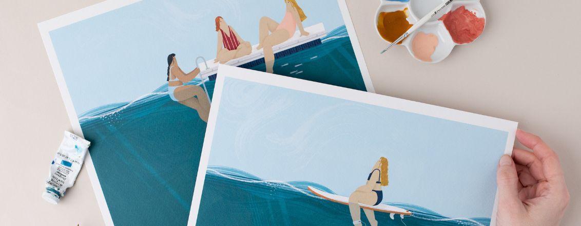 Drawings featureing people swimming