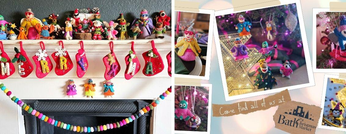 Christmas Stockings upon a mantlepiece surrounded by felt characters.