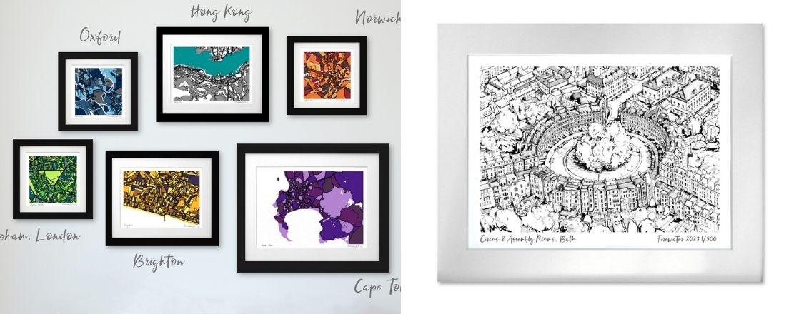 Framed illustrations of various maps.