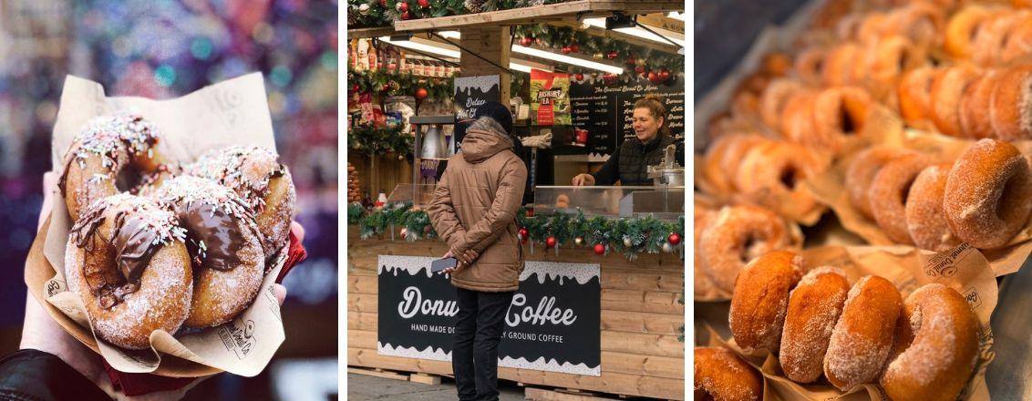 Three photos showcasing donuts and the stall at Bath Christmas Market