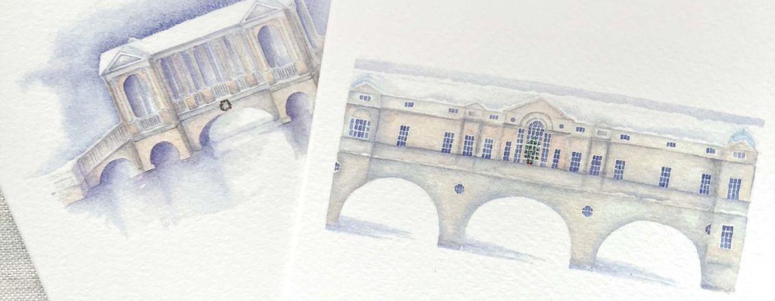 Illustrations of Prior Park bridge and Pulteney Bridge