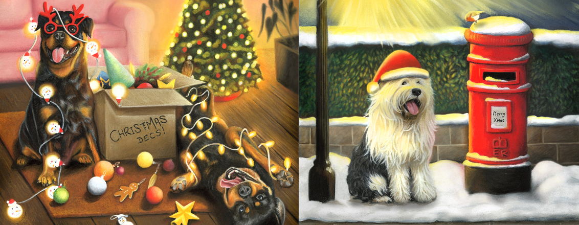 Illustration of dogs in a Christmas setting