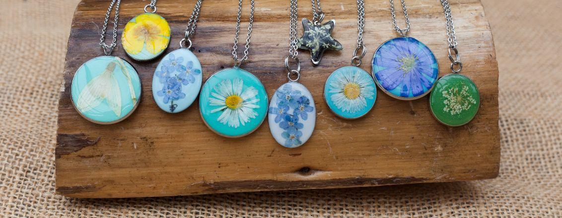 A row of resin pendants