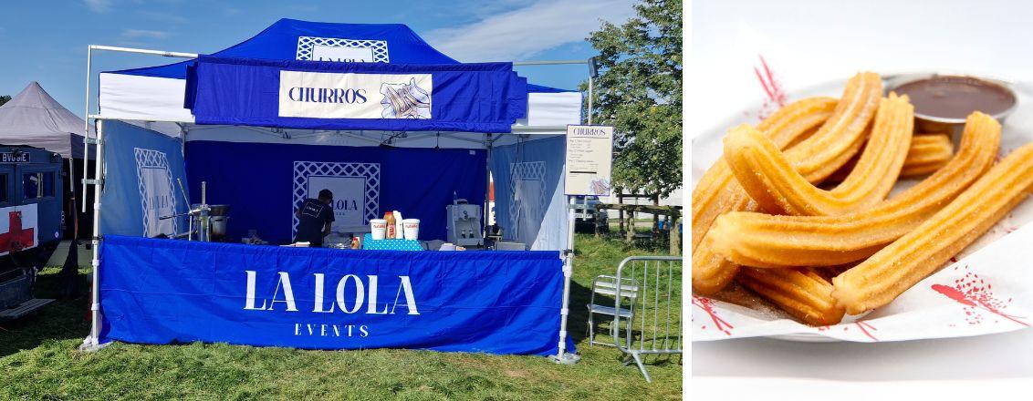 Left: A blue La Lola Marquee. Right: A picture of some churros 