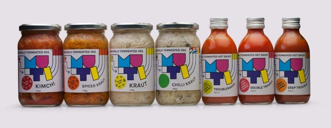 Jars of kimchi & sauerkraut, vinegar-free hot sauces, pastes and chutneys.