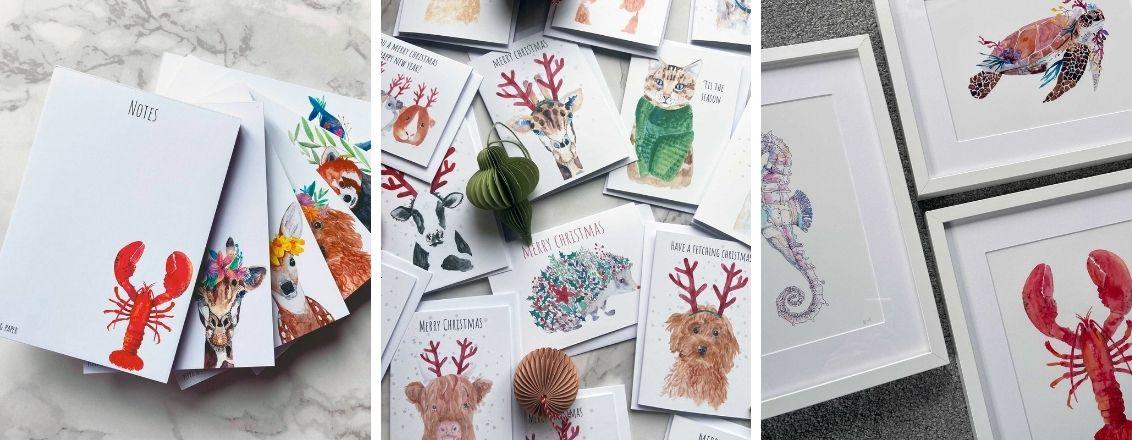 Christmas Cards designed with water-colour animals wearing reindeer ears