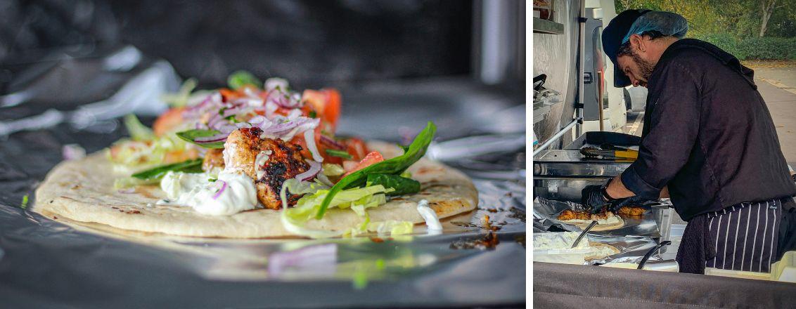 Left: A photo of a greek wrap. Right: A photo of someone making a greek wrap