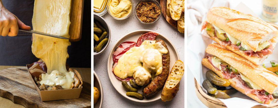 Three photos of melted raclette cheese served with bread