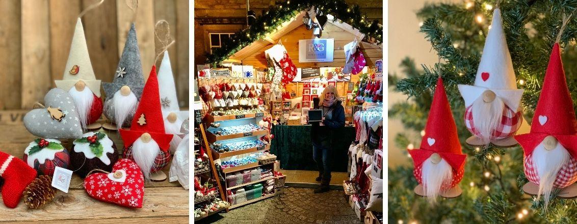 Collage of homemade Christmas decorations, with a photo of the chalet in the middle