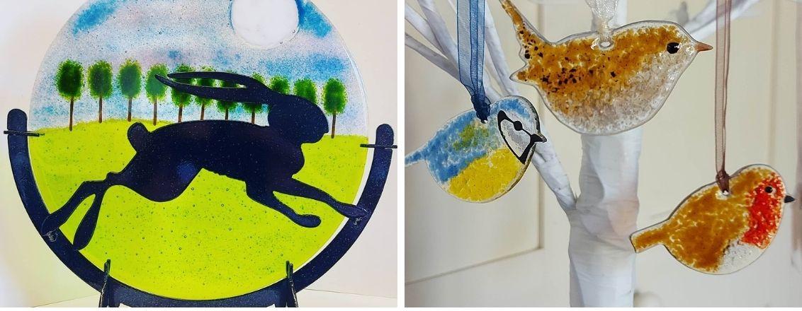 Handmade fused glass of a rabbit/hare and birds