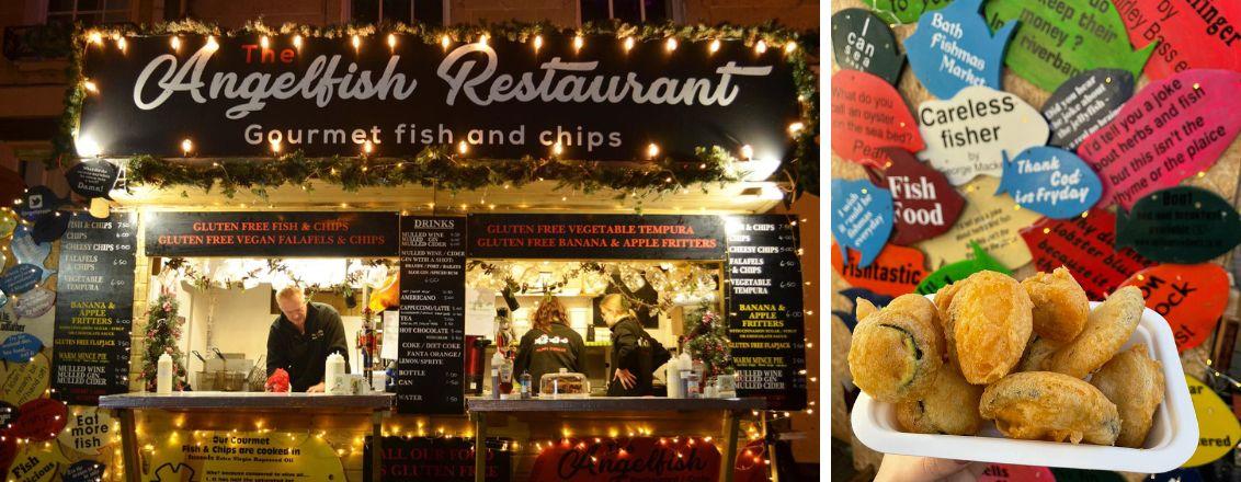 Left: A photo of the Angelfish Restaurant chalet. Right:A portion of tempura vegetables